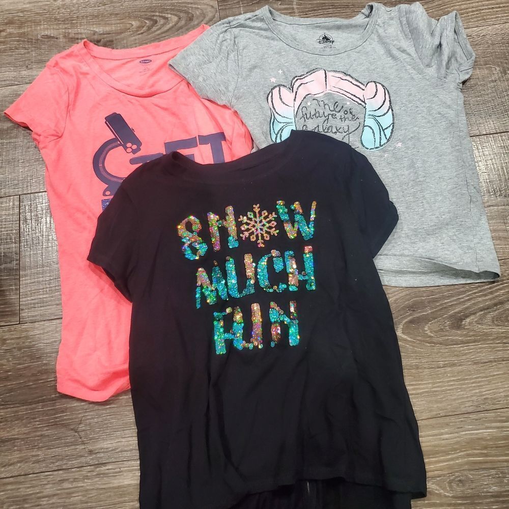 Girl Tops Size 10-12 Old Navy And Disney Girl Tees Black, Gray, Pink 3 Pieces